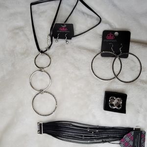 NWT Silver& leather circle necklace jewelry set "hematite or black spinel" ston